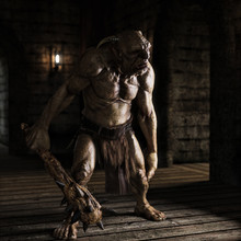 An Evil Troll With Spiked Club Wandering The Labyrinth Halls Looking For Prey . 3d Rendering