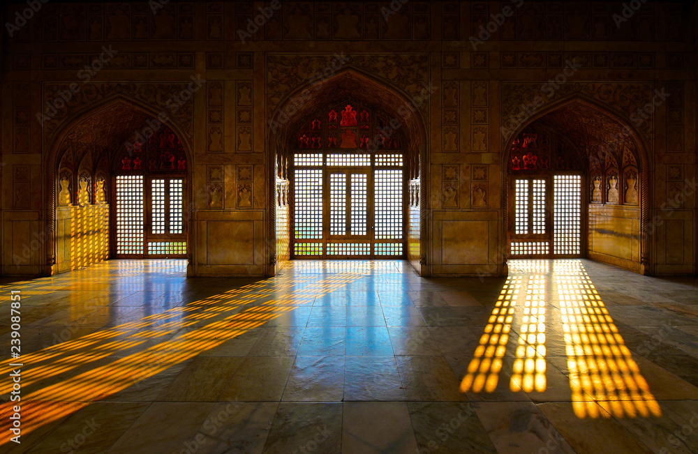 Ornately decorated room inside the Agra Fort designed and built by the ...