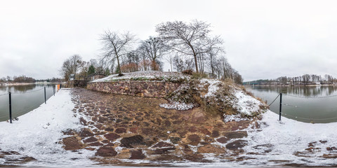 Wall Mural - winter fairy tale full seamless spherical panorama 360 degrees angle view on the shore of width river neman in cloudy day in equirectangular projection, ready VR AR virtual reality content