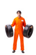 © Elnur - Young garage worker with tyre isolated on white