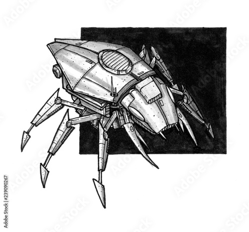 Black And White Ink Concept Art Drawing Of Futuristic Or Sci