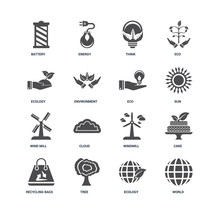 Set Of 16 Icons Such As World, Ecology, Tree, Recycling Bags, Ca