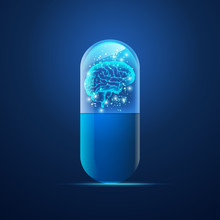 Graphic Of Realistic Tranparent Pill With Futurisitc Brain Inside, Concept Of Medical Treatment For Human Brain