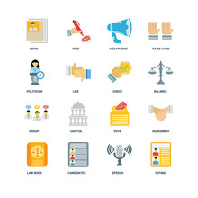 Set Of 16 Icons Such As Voting, Speech, Candidates, Law Book, Ag