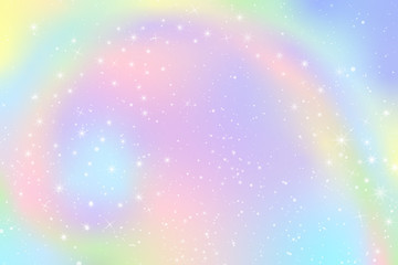 Poster - Pastel Falling Snow Glow Star Background. Colorful Sky Holographic Cloud Rainbow Christmas New Year Celebration Vector
