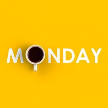 Top View Of A Cup Of Coffee In The Form Of Monday Isolated On Yellow Background, Coffee Concept Illustration, 3d Rendering