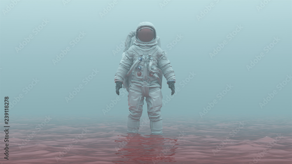 Astronaut with Red Visor Standing in Red Liquid in a Foggy Overcast Alien Environment 3d illustration 3d render - obrazy, fototapety, plakaty 