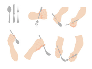Wall Mural - set of hands, set of human hands with spoon and fork concept, animation, finger, arm, skin on gray b