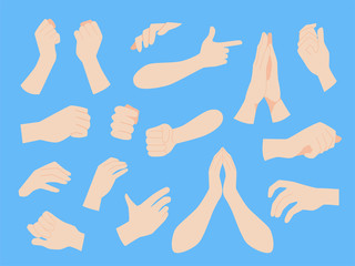 Wall Mural - set of human hands concept, animation, finger, arm, skin on gray background, flat style cartoon vect