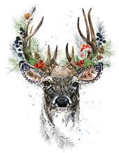 Forest Deer Watercolor Illustration. Christmas Reindeer. Winter Greeting Card Design. Forest Wild Nature