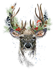 forest deer watercolor illustration. christmas reindeer. winter greeting card design. forest wild na