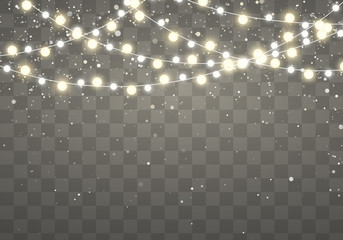 Wall Mural - christmas lights with glittering falling snowflakes isolated on transparent background. xmas glowing