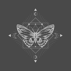 Vector illustration with hand drawn butterfly and Sacred geometric symbol on black background. Abstract mystic sign.