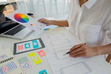 Wall Mural - Creative Web Designer planning application and developing template layout, framework for mobile phone. User experience (UX) concept.