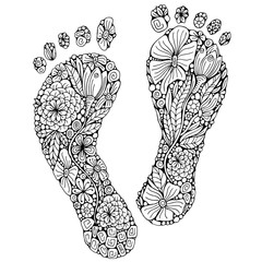 Human footprint in doodle style. Coloring book page. Footstep with different little flowers in zentangle style. Black and white foot. Vector.