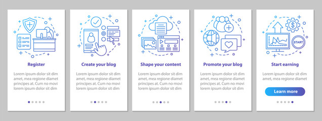 Blogging onboarding mobile app page screen with linear concept