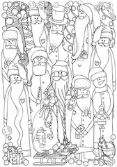 Wall Mural - Set of jolly Santa and snowmen. Winter, snow, sled, snow, trees, hats, buttons. Merry Christmas, Happy New Year. Pattern for coloring book. A4 Black and white.