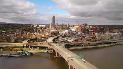 Wall Mural - Aerial View Over River to Albany New York Downtown Skyline Highway Traffic