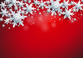 Fotobehang - Realistic shine Banner with place for text template. Shine winter decoration on red bright background with snowflakes and stars