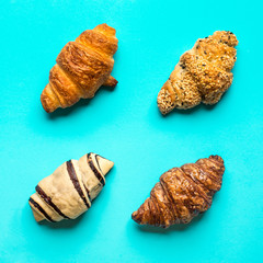 Top view of bread and bakery set on blue color background.Food and healthy concepts