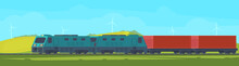 Freight Train With Container On Railway Car. Transportation By Railroad. Nature Landscape In A Hilly Area. Vector Flat Illustration.