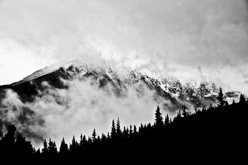 Winter mountain landscape, Polish Tatra mountains. Black and white picture.