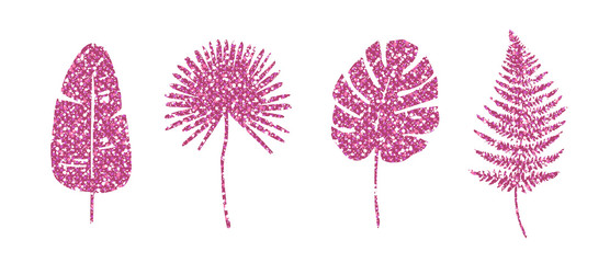 Wall Mural - Pink Glitter Leaf Set. Tropical Vector