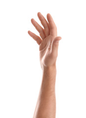 Wall Mural - Man showing hand on white background, closeup