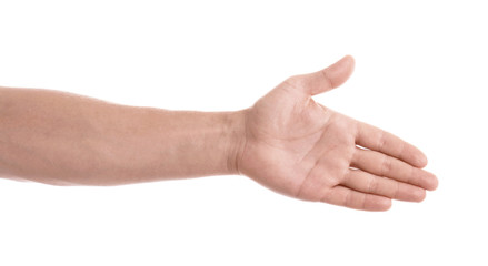 Wall Mural - man reaching hand for shake on white background, closeup