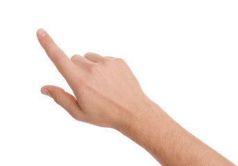 Wall Mural - Man pointing at something on white background, closeup of hand