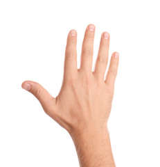 Wall Mural - man showing hand on white background, closeup