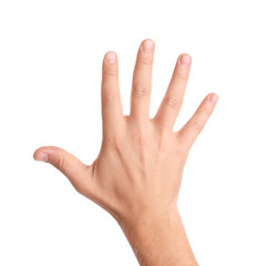 Wall Mural - man showing hand on white background, closeup
