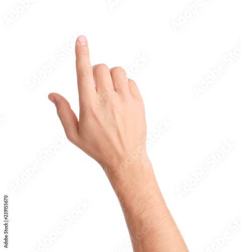 Cuadros en Lienzo Man pointing at something on white background, closeup of hand