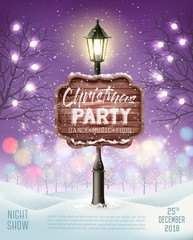 Leinwandbilder - Merry Christmas Party Flyer background with evening winter landscape and lamppost. Vector