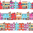 Seamless pattern with bright hand painted watercolor cute houses.