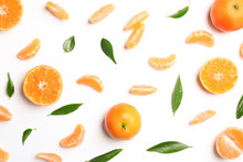 Composition With Tangerines And Leaves On White Background, Top View