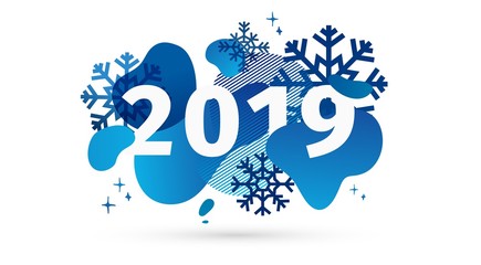 Horizontal abstract geometric design for happy new year 2019. Holiday offer banner with vector liquid form and decor snowflakes on background. Blue template graphic elements with fluid dynamic shape