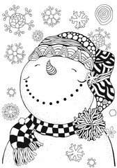 cheerful snowman and snowflakes. winter, snow, sled, carrot, buttons. merry christmas, happy new yea