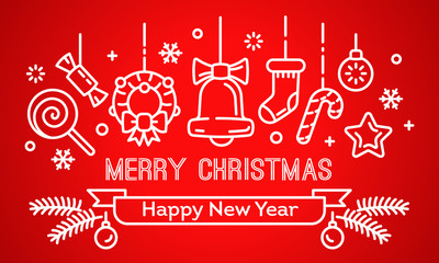 Wall Mural - Merry Christmas and Happy New Year banner. Outline illustration of Merry Christmas and Happy New Year vector banner for web design