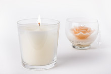 White Wax Candle In Glass On White Background, Product Mock-u