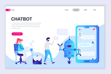 Modern flat web page design template of Chat Bot and Marketing decorated people character for website and mobile website development. Flat landing page template. Vector illustration.