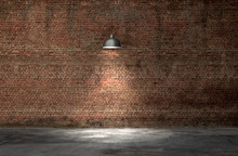 An Interior With A Red Brick Wall And Concrete Floor And A Lamp. 3d Render
