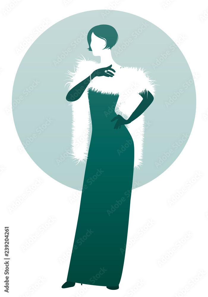 Elegant lady silhouette, wearing long evening dress, stole and gloves,  isolated on white and green background. Retro style. Stock Vector | Adobe  Stock