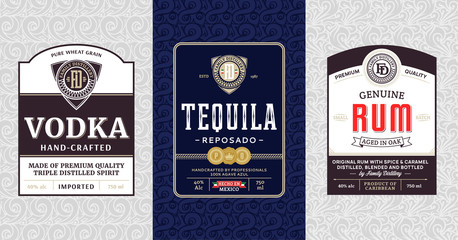 Wall Mural - Alcoholic drinks vintage labels and packaging design templates. Vodka, tequila and rum labels. Distilling business branding and identity design elements.