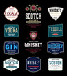 Alcoholic drinks labels and packaging design templates. Whiskey, scotch, gin, cognac, tequila and vodka labels. Distilling business branding and identity design elements.