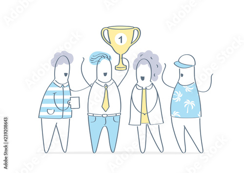Fotografía Championship cup, cartoon business team with golden cup, celebration of victory, success, luck, competition, good teamwork