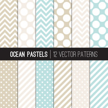Ocean Pastels Vector Patterns In Aqua Blue, Sand, Beige And White Polka Dots, Chevron And Candy Stripes. Modern Geometric Backgrounds. Repeating Pattern Tile Swatches Included.