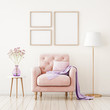 Poster mockup with three frames on empty wall in living room interior with pink armchair, pillow and lilac plaid. 3D rendering.