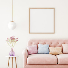 Poster Mockup With Square Frame On Empty Wall In Living Room Interior With Pink Sofa, Multi-colored Pastel Pillows And Hanging Lamp. 3D Rendering.
