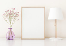 Home Interior Poster Mock Up With Vertical Frame On Table, Flowers In Vase And Lamp On Warm White Wall Background. 3D Rendering.